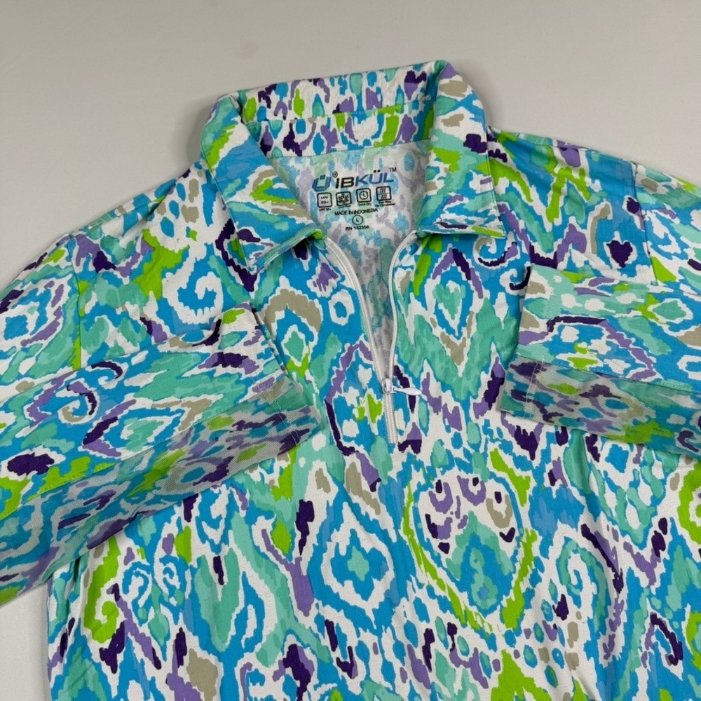 IBKUL 1/4 Zip Sun Shirt Women Large Blue Green Ikat UPF 50+ Mesh Long Sleeve